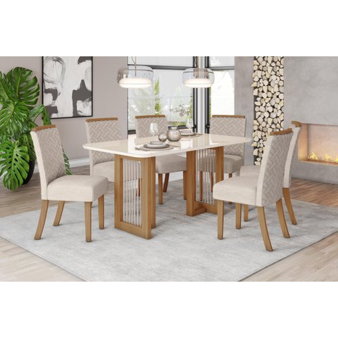Mesa de Jantar Yara 180 C. Vidro 6 Cad. Malu Linho - Henn