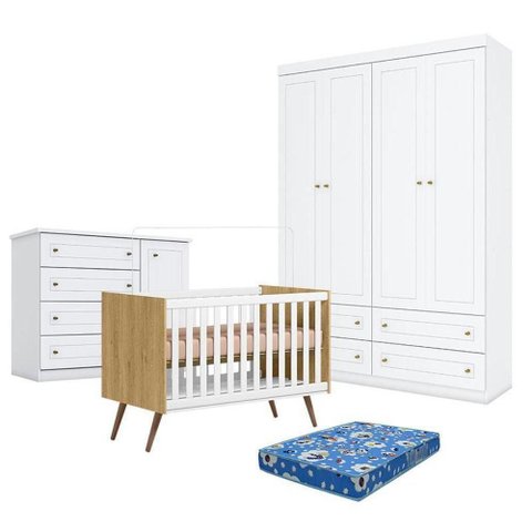 Kit Quarto de Bebê 4 Portas Q Encanto 3820 Retrô MDF Colchão Incluso Qmovi