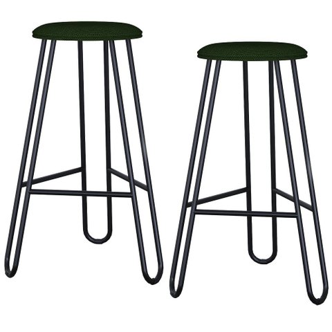 Kit 02 Banquetas Baixa Bar Cozinha Sala de Jantar Áris C01 Preto Linho Verde Musgo - Lyam Decor