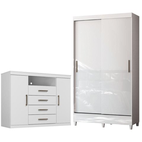 Guarda Roupa Solteiro 2 Portas de Correr com Pés e Cômoda Havana Master Branco Brilho - Santos Andir