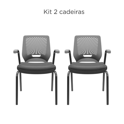Kit 02 Cadeiras Fixas Aproximação 4 Pés com Braço Beezi Base Preta Encosto Cinza Assento Facto Dunas