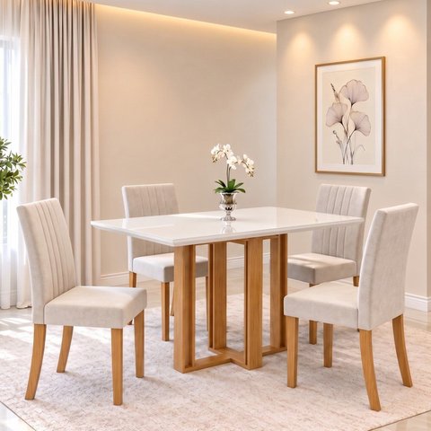 Conjunto Sala de Jantar Mesa Manu 120cm Tampo MDF e Vidro Canto Reto 4 Cadeiras Lily