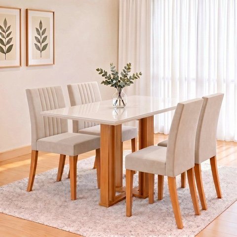 Conjunto Sala de Jantar Mesa Manu 120cm Tampo MDF e Vidro Canto Reto 4 Cadeiras Lily