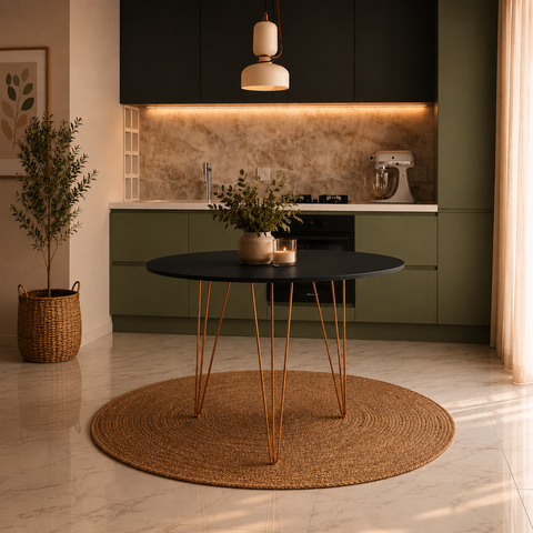 Mesa Sala e Jantar Tampo Redonda 90cm Preta Clips 3 Pés Ferro Cobre
