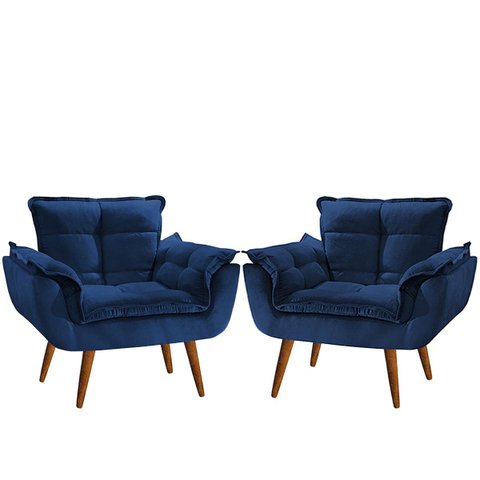 Kit 02 Poltrona Opala decorativa pés palito azul marinho