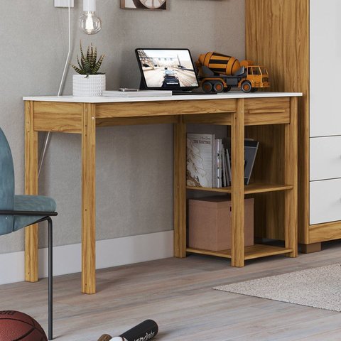 Escrivaninha para Escritório Mesa de Estudos 100% MDF Hugo 1 Gaveta 120cm Branco Brilho e Amêndoa Marrom