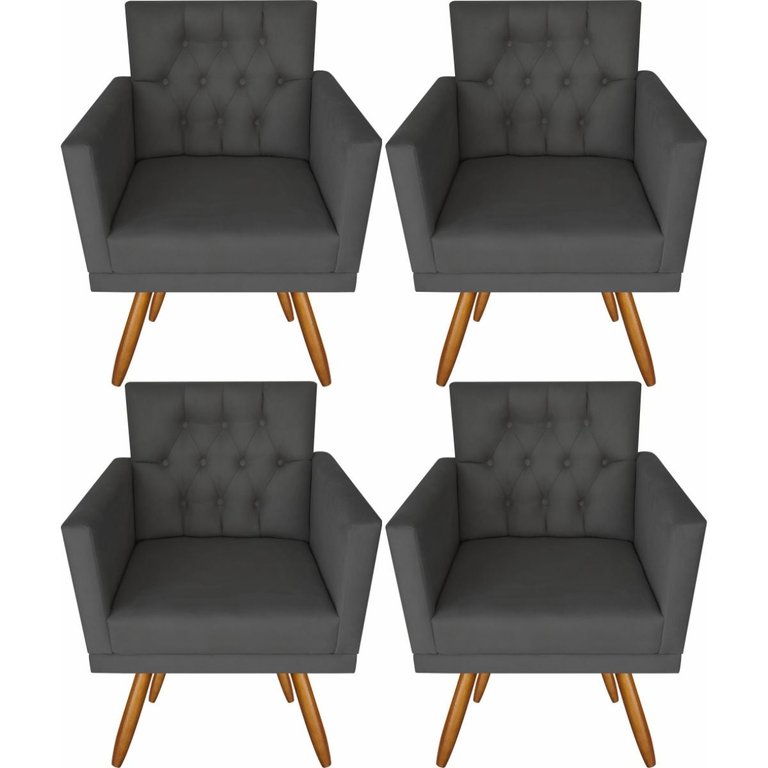 Kit 4 Poltronas Decorativas Larah Escritório Capitonê Cinza