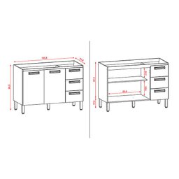 Balcão de Pia Ametista 2 Portas 3 Gavetas 120 Cm Freijó Gris - Kits Paraná - 3