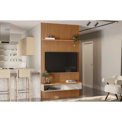 Estante P/ Sala até 60 Pol Modular 1.4 Ripado C/ 1 Portas 1 Prat. 141x250cm Nature/off White -
