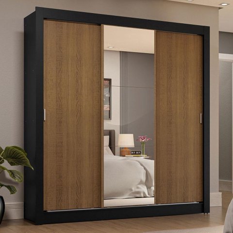 Guarda-roupa Casal 3 Portas de Correr com Espelho 4 Gavetas Preto/rustic Sublime Plus Madesa Preto/