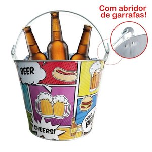 Kit 2 Baldes de Gelo para Cerveja Estampado em Metal Galvanizado com Abridor 4,8 Litros