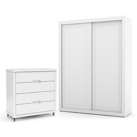 Jogo de Quarto Infantil com Guarda Roupa 2 Portas de Correr e Cômoda 4 Gavetas Tutto New Branco Soft