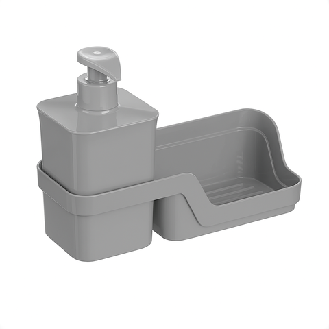Conjunto Dispenser Pump Porta Detergente C/ Bandeja para Esponja Organizador de Pia Cozinha:cinza