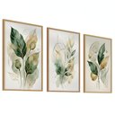 Ver imagem 1 de Kit 3 Quadros Folhagem Verde Dourado Aquarela 60x80 Moldura:castanho