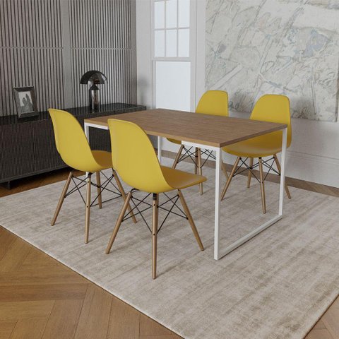 Mesa Industrial Base Ferro Branco 137x90 Tampo Amêndoa 4 Cadeiras Eiffel Madeira Assento Amarelo