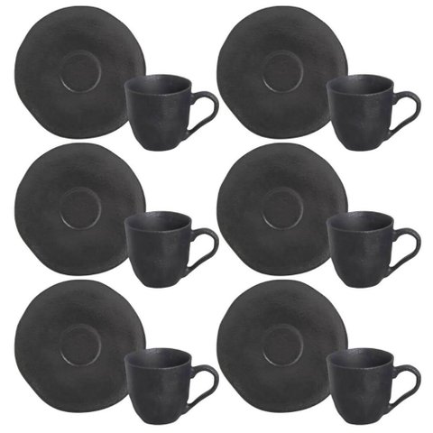 Jogo 6 Xícaras Café 120ml com Pires Preto Matte Cerâmica Orgânico Porto Brasil