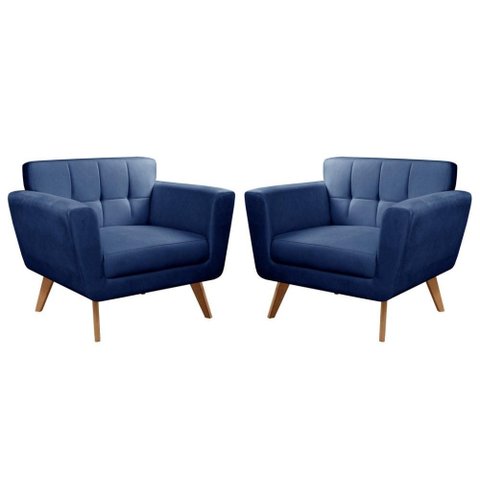 2 Poltronas Decorativa Bruna Living Sala Quarto Recepção - Veludo Azul 210