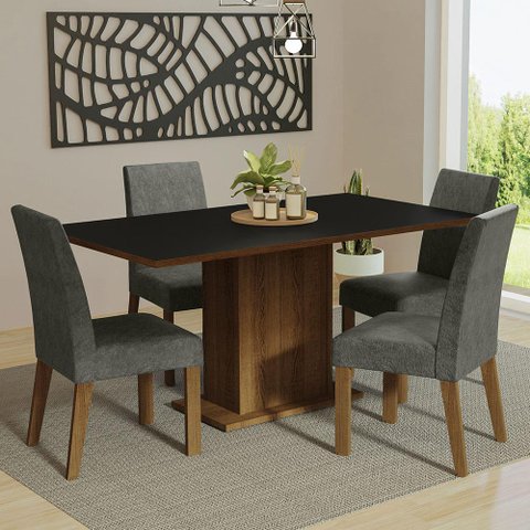 Conjunto Sala de Jantar Mesa Tampo de Madeira 4 Cadeiras Rustic/preto/silver Keila Madesa