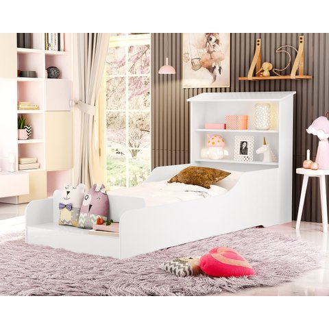 Cama Casinha Liz Infantil Juvenil Branco de Mdf com Prateleiras e Proteção Lateral