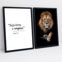 Ver imagem 1 de Kit 2 Quadros Decorativos para Sala Leão de Judá Seja Forte e Corajoso com Moldura Escritório Quarto