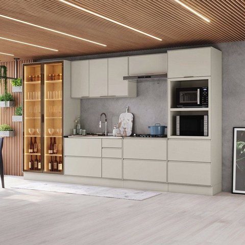 Cozinha Completa 7 Peças 100% MDF com Cristaleiras 2 Portas e Torre Quente 2 Fornos Fineze
