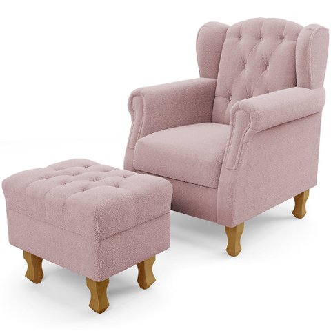 Poltrona de Amamentação Yara P02 com Puff Paris Luis Xv L02 Bouclê Rosê - Lyam Decor
