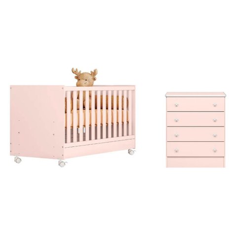 Quarto de Bebê Doce Sonho com Cômoda 777 e Berço Simples Qmovi Rosa Acetinado