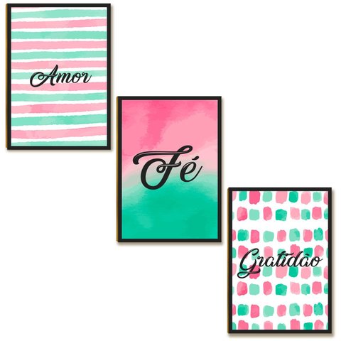 Kit 03 Placas Mdf Amor Fé Gratidão Quadros Decor 28,7x22 Ar4