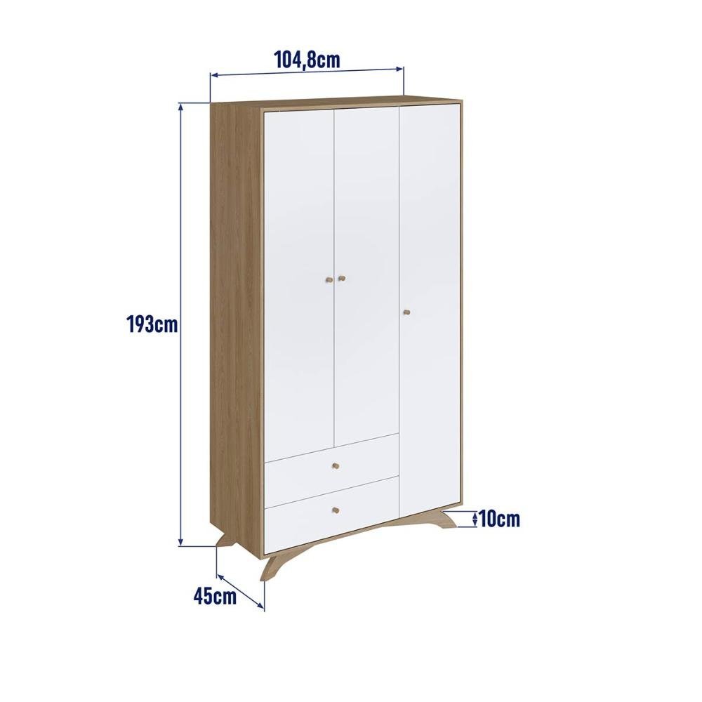 Guarda Roupa Infantil Com 3 Portas e 2 Gavetas 1,93m Cor:Aveiro Oak com Branco - 3