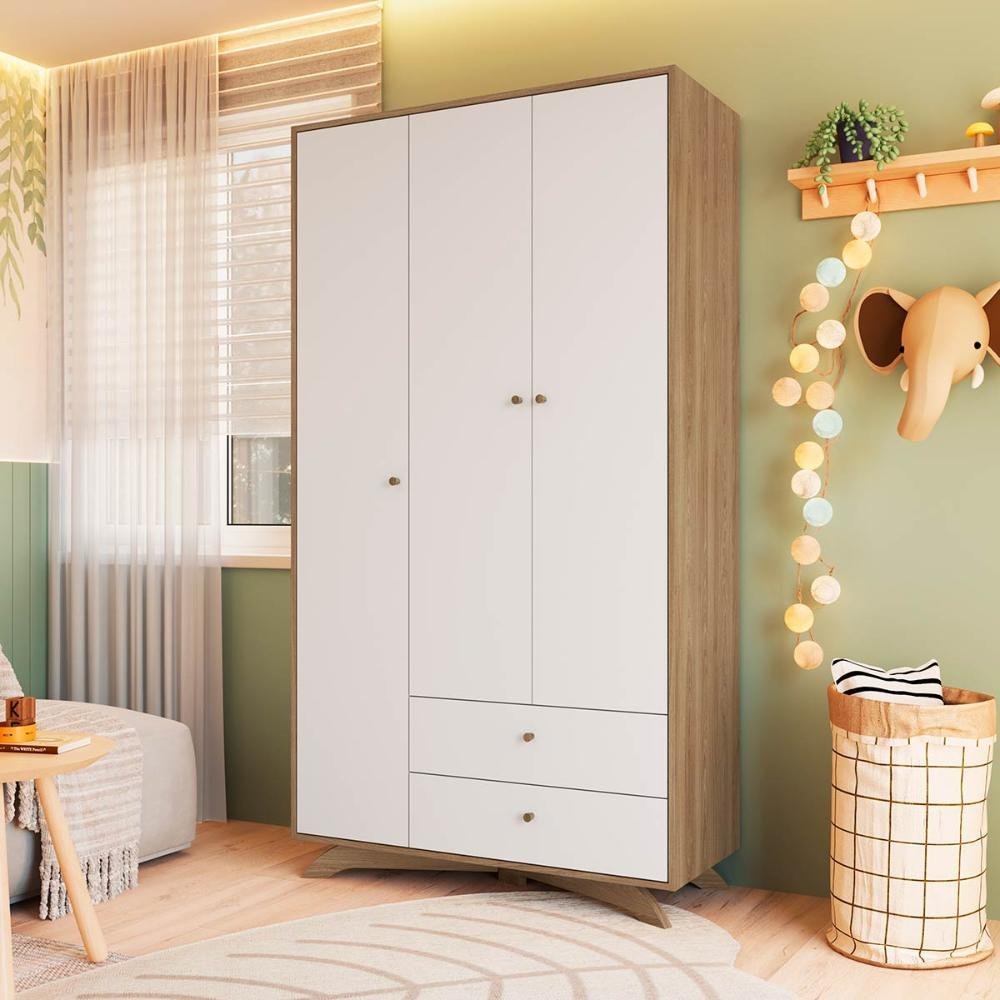 Guarda Roupa Infantil Com 3 Portas e 2 Gavetas 1,93m Cor:Aveiro Oak com Branco - 2