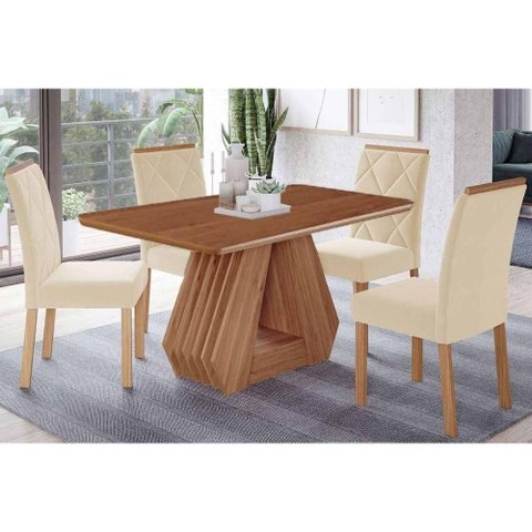 Conjunto: Mesa de Cozinha Ágata Tampo Madeirado 130x80cm e 4 Cadeiras Fernanda Cinamomo - Carvalho/
