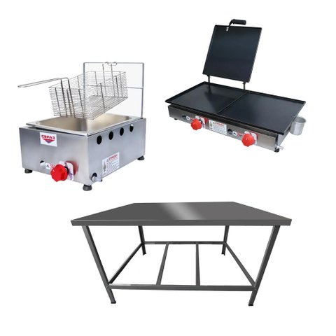 Kit Lanchonete Mesa de Manipulação 100x55cm + Fritadeira a Gás 1 Cuba + Chapa a Gás 60cm