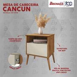 Mesa de Cabeceira Cancun Quarto Pés Madeira Maciça 1 Gaveta Naturale/Off White - 3