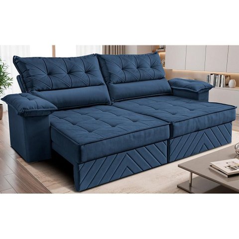 Sofá Retrátil e Reclinável 2,60m com Molas e Espuma D33 Thunder Velusoft Azul Cama Inbox
