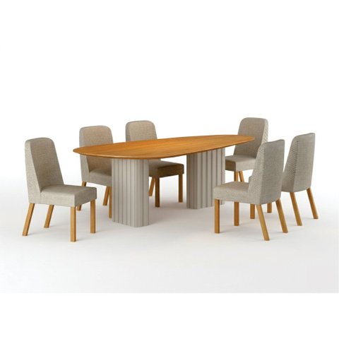 Conjunto Sala de Jantar Ísis 2,00m com 6 Cadeiras Tampo Orgânico s/ Vidro Cinamomo Off White/Linho P