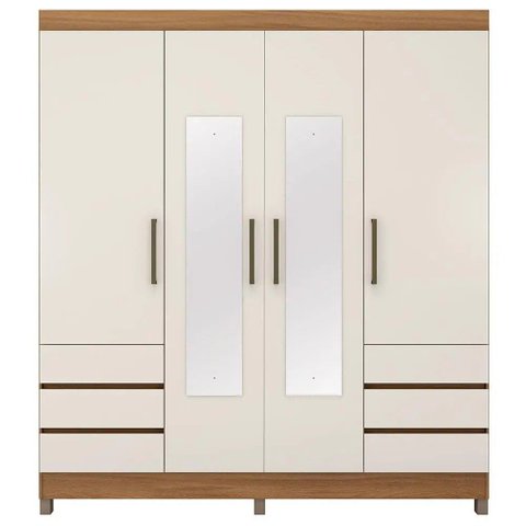 Guarda Roupa Roupeiro Casal Mônaco 4 Portas 6 Gavetas Espelho e Pés PVC Amêndola Off White Demóbile