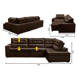 Sofá de Canto Retrátil e Reclinável com Molas LD 3,40x2,00m Viviane Suede Marrom Madelina Decor - 2