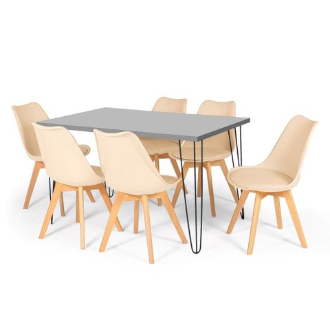 Conjunto Mesa de Jantar Hairpin 130x80 Volpi com 6 Cadeiras Eiffel Leda - Nude