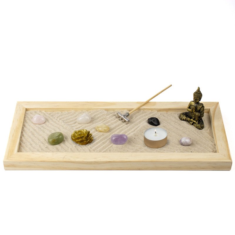 Jardim Zen Completo Buda Feng Shui Madeira Quadrado 13x31cm