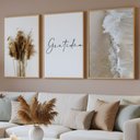 Ver imagem 3 de Kit 3 Quadros Boho Bege Mar Gratidão Moldura Castanho