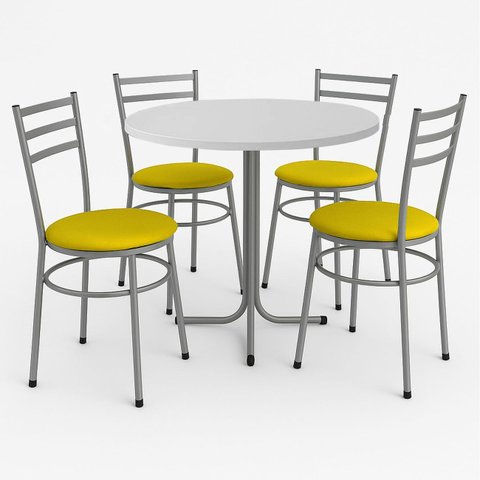 Mesa de Jantar Redonda 80cm Branca com 4 Cadeiras Estofada Cinza