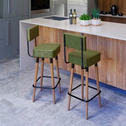 Banqueta Banco Alto Barcelona Couro Verde Bar Cozinha Pés Madeira Mz Decor - 3
