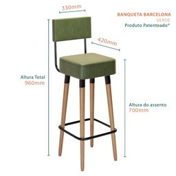 Banqueta Banco Alto Barcelona Couro Verde Bar Cozinha Pés Madeira Mz Decor - 2