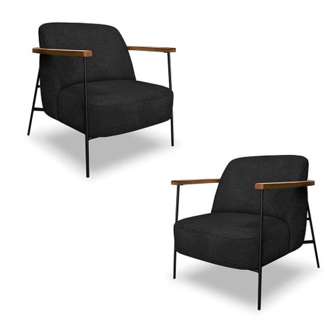 Kit 2 Poltronas Sala de Estar Pés em Ferro Preto Braço Madeira Maciça 86cm Thane Bouclê Preto