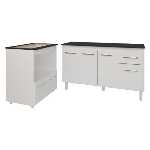 Armário Gabinete Camila 138 Cm com Tampo Tampão e Balcão Evelyn para Cooktop 5 Bocas Branco e Preto