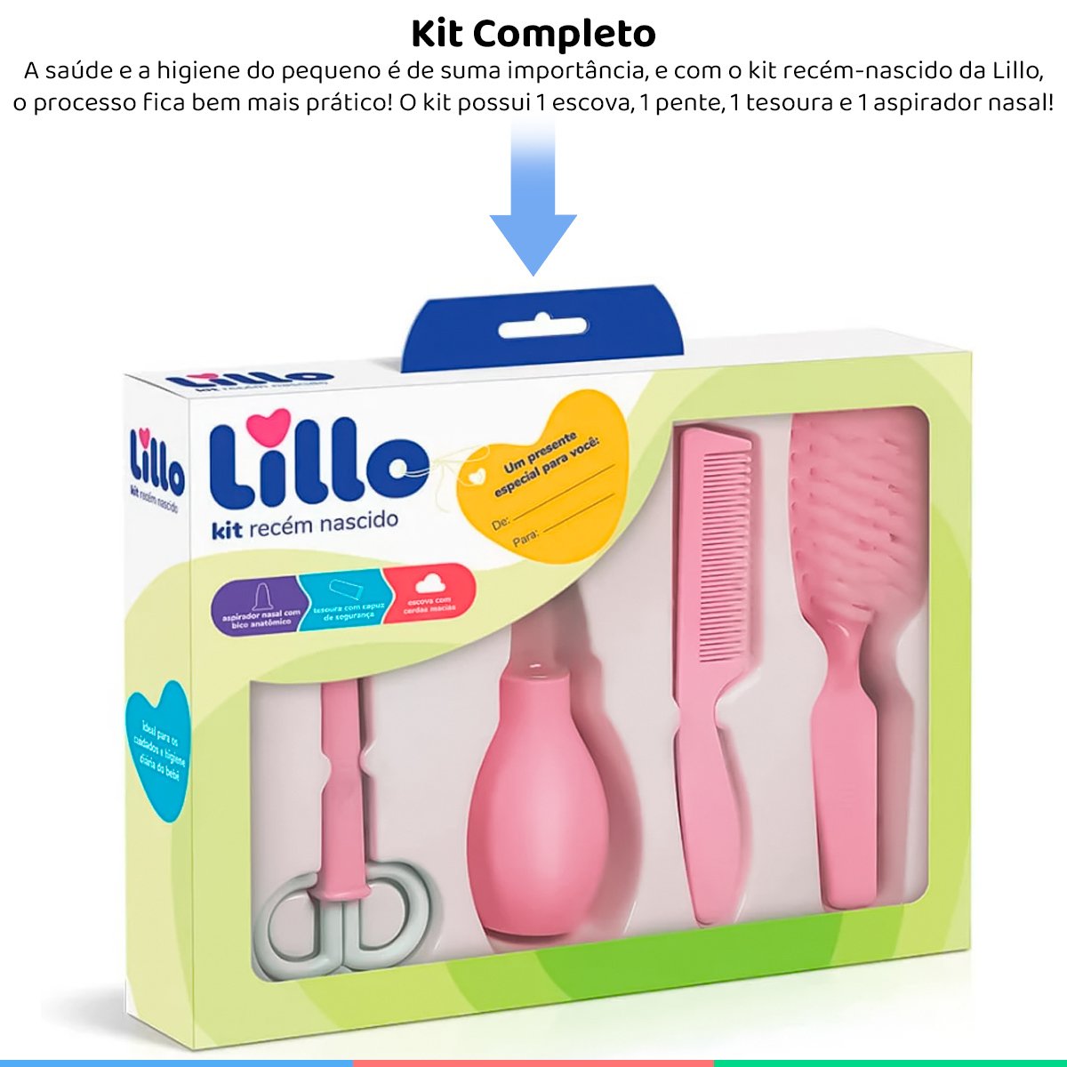 Kit Cuidados do Bebê Com Pente Escova Tesoura Aspirador Nasal Kit Recém-Nascido Rosa Lillo - 2