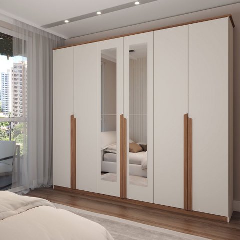 Guarda-roupa Casal Calábria Slim 6 Portas 6 Gavetas Espelho Nature/off White - Panorama Móveis