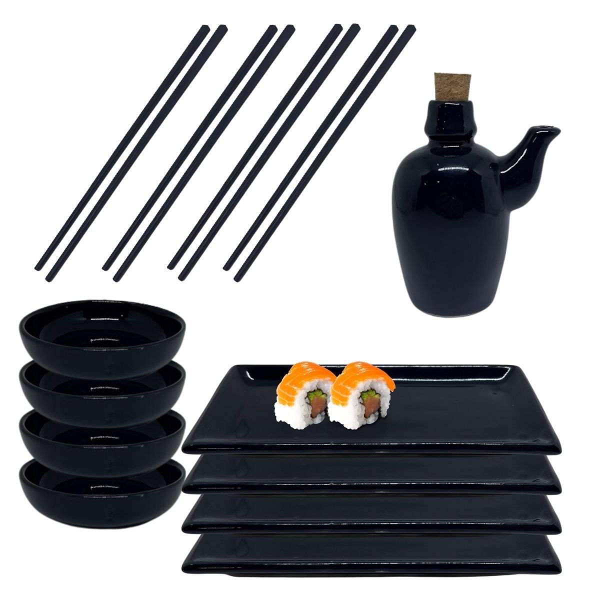 Kit Sushi Comida Japonesa Porcelana 4 Pessoas Preto 9 peças + Hashi Molheira 110mL Prattos - 1