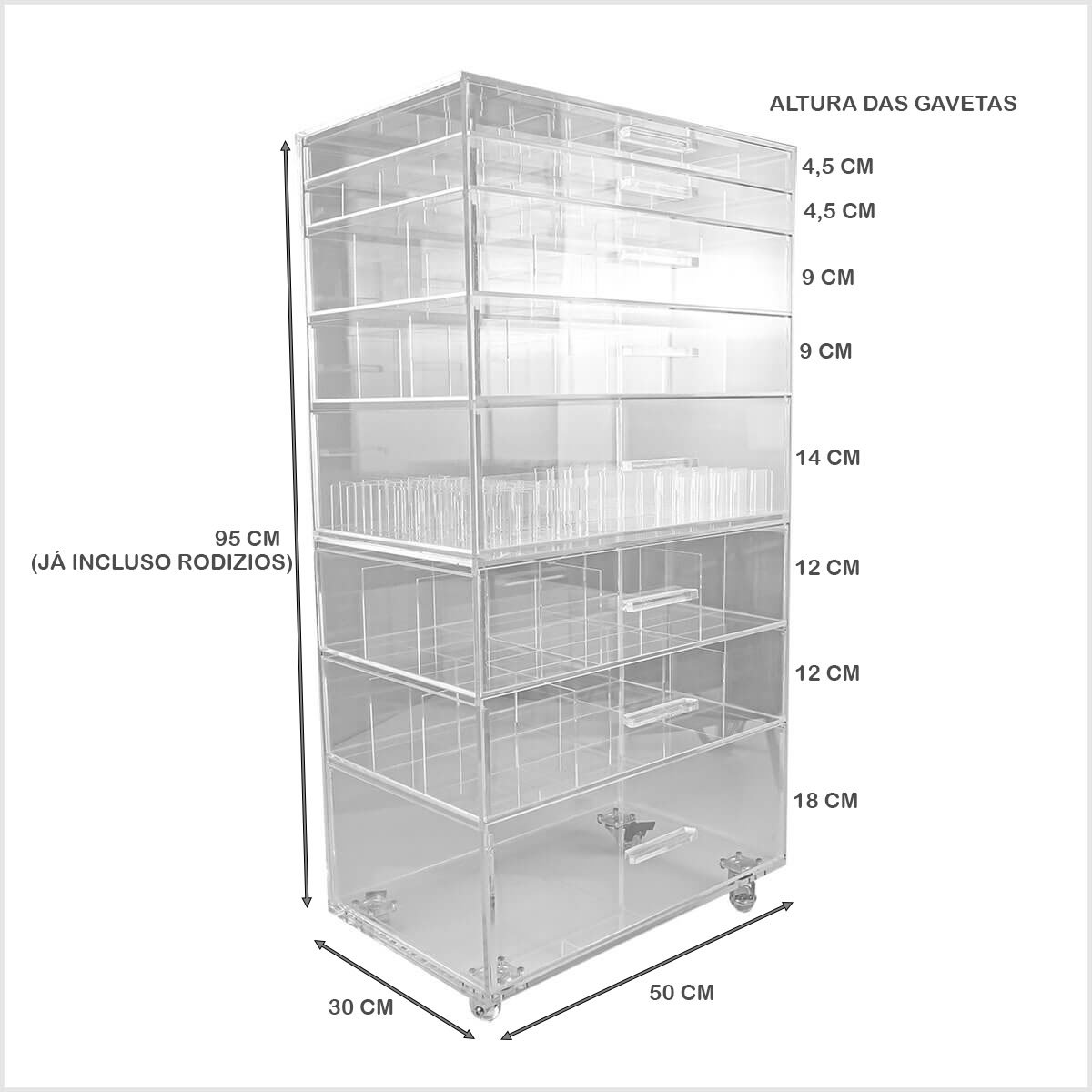 CARRINHO ACRILICO ORGANIZADOR DE MAQUIAGEM 8 GAVETAS MOD N1 Centauri Acrílicos CAR-N1 - 4