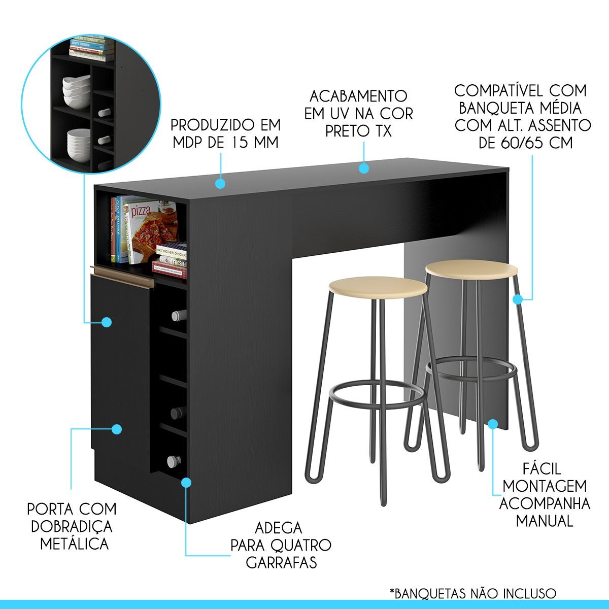 Bancada Ilha de Cozinha Americana com Adega Nicho 136 X 92 Cm Mdp Preto 0535 Menu - 3